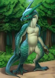 5_fingers 5_toes absurd_res amber_eyes animal_genitalia anthro bodily_fluids claws day fingers forest full-length_portrait genital_slit green_scales hi_res katahane3 leaf lizardman looking_at_viewer male nude outside portrait reptile scales scalie slit solo sweat sweatdrop toe_claws toes tree
