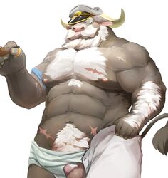 5_fingers abs absurd_res ahab_(tokyo_afterschool_summoners) anthro arm_hair balls beard black_fur body_hair bottomwear bovid bovine cape_buffalo chest_hair clothing eyebrows facial_hair fingernails fingers fur hair hairy happy_trail hat headgear headwear hi_res lates312 male_only mammal moustache nails navel nipples obliques pants pecs penis pink_nipples pipe ring scar simple_background solo stocky tokyo_afterschool_summoners underwear undressing video_games white_hair