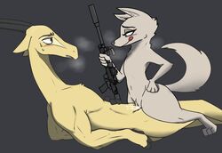 2019 antelope anthro ass black_nose blush bodily_fluids bovid canid canine canis cowgirl_position cum disney domination duo eyebrows eyelashes female female_domination female_penetrated flat_chest flat_chested fox fur genital_fluids girl_on_top gun half-closed_eyes holding_object holding_weapon horn josun male male_penetrating mammal muscular muscular_male nude on_top paws penetration pussy ranged_weapon sex simple_background skye_(zootopia) straight submissive_male sweat thick_thighs tongue tongue_out vaginal_penetration weapon zootopia