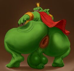 anthro anus ass balls big_anus big_butt butt_slap cape clothing crocodilian crown dagapuff donkey_kong_(series) green_body hi_res huge_butt k_rool kremling looking_at_viewer looking_back male male_only nintendo overweight overweight_male penis reptile scalie sharp_teeth slap solo tailless teeth video_games