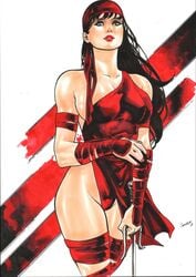 1girls 2018 arm_guards bandages big_breasts black_hair breasts busty cameltoe curvaceous curvy daredevil_(series) dated ed_benes_studio elektra_natchios erect_nipples eyeshadow female female_only gardenio_lima green_eyes headwear holding_knife holding_weapon human knife large_breasts leotard long_hair makeup marvel marvel_comics mascara nail_polish nipple_bulge nipples panties pinup red_headwear red_leotard red_lips red_lipstick red_nail_polish red_nails red_panties signature solo straight_hair superheroine thighs voluptuous weapon