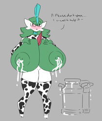 big_breasts bodily_fluids breasts choker cow_costume embarrassed english_text eyewear female female_gallade gallade glasses huge_breasts hyper hyper_breasts jewelry lactation milk mob_face necklace nintendo pokémon_(species) pokemon pokemon_(species) shewiff solo text vera_(shewiff) video_games |_|