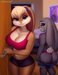 2023 2girls :3 anthro aozee apartment ass big_ass big_breasts big_butt black_panties blue_eyes bra breasts bunny_ears bunny_girl campus clothed clothing college curvy cute disney doorway dorm duo female fur furry furry_only gray_fur grey_skin inviting judy_hopps large_breasts lola_bunny looking_at_viewer looking_back looney_tunes panties pink_sports_bra pinup_pose purple_eyes purple_eyeshadow rabbit rabbit_humanoid shorts small_breasts smiling smiling_at_viewer sports_bra tail thick_ass thick_thighs undressing white_hair zootopia