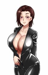 1girls ayako_(twrlare) bodysuit breasts cleavage female female_only huge_breasts latex latex_suit looking_at_viewer original_character solo twrlare