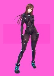 female full_body gantz gantz_suit latex pink_background shimohira_reika skin_tight solo standing yujinhikou yuuji_(and)