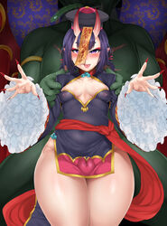 1boy 1girls beret bob_cut breasts chinese_clothes clothed_female_nude_male eyeshadow fate/grand_order fate_(series) female grabbing grinding hat highres horns jiangshi lips looking_at_viewer makeup medium_breasts nude ofuda oni oni_horns outstretched_arms penis purple_eyes purple_hair shiny shiny_hair shiny_skin short_hair shuten_douji_(fate) solo_focus standing straight thigh_sex thighs tongue tongue_out yomomirin zombie_pose