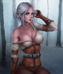 1girls adjusting_hair armband armbands bare_shoulders big_breasts breasts cd_projekt_red ciri cleavage clothed_female corset dark_forest day digital_painting_(artwork) eyeshadow female flowerxl gloves green_eyes leather_pants looking_away mascara painting sitting solo_female tagme the_witcher_(series) the_witcher_3:_wild_hunt video_game_character watermark white_hair white_topwear