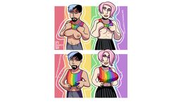 2019 areolae attribute_theft binder blue_hair breast_growth breasts chest_binder erect_nipples fake_breasts gender_transformation genderbend genderswap genderswap_(ftm) genderswap_(mtf) grumpy-tg large_breasts nipple_bulge nipples no_bra original pink_hair pride_color_clothing pride_colors rainbow rainbow_clothing signature size_theft trans_man trans_woman transfem transmasc white_background