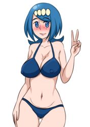 1girls abs bare_shoulders belly big_breasts bikini blue_bikini blue_eyes blue_hair cleavage erect_nipples eye_contact female female_only freckles fufan hair_ornament human human_only lana's_mother_(pokemon) large_breasts long_hair looking_at_viewer milf mob_face mother navel nintendo pokemon pokemon_sm ponytail pubic_hair smile solo standing swimsuit thigh_gap v white_background wide_hips