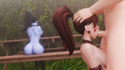 1boy 2girls 3d animated armwear athletic_female big_ass blowjob bouncing_ass brown_hair bubble_ass bubble_butt cowgirl cowgirl_position d.va facefuck fellatio human light-skinned_female light-skinned_male light_skin longer_than_10_seconds medium_breasts musiix nature nude nude_female nude_male outside overwatch overwatch_2 ponytail round_ass round_butt shorter_than_30_seconds sound taking_turns thighhighs vaginal_penetration video widowmaker