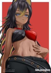 1girl 1girls arm_behind_back average_breasts background black-haired_female black_hair blue-eyed_female blue_eyes breasts brown-skinned_female brown_skin brown_skinned_female crossed_bangs dark_hair dehya_(genshin_impact) fingernails game_character genshin_impact gradient_hair hand_behind_back hand_on_belly hand_on_own_belly hand_on_own_stomach hand_on_stomach kein_hasegawa looking_down looking_down_at_viewer medium_breasts monotone_background multicolored_hair nail_polish nails one_color_background plain_background red_background red_fingernails red_nail_polish red_nails solid_color_background touching_belly touching_stomach video_game video_game_character video_games yellow-eyed_female yellow_eyes