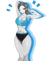 1girl absurdres blush bra breasts cleavage cookieey female_focus highres midriff navel nintendo panties ponytail smile solo sportswear standing stretching thickthighs underwear wii_fit_trainer wii_fit_trainer_(female)