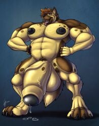 2020 anthro balls big_balls big_muscles big_nipples big_pecs big_penis black_glans black_nipples black_nose bodily_fluids brown_body brown_eyes brown_fur brown_hair canid canine canis dated domestic_dog fangs flaccid front_view full-length_portrait fur genital_fluids genitals german_shepherd glans glistening glistening_eyes hair hand_on_hip herding_dog hi_res hufnaar huge_balls huge_muscles huge_pecs huge_penis hyper hyper_balls hyper_genitalia hyper_penis looking_at_viewer male male_anthro mammal muscular muscular_anthro muscular_male nipples nude open_mouth pastoral_dog pecs penis portrait precum precum_on_ground reirun short_hair simple_background solo standing tan_body tan_fur tan_penis teeth wide_stance