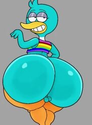 anthro ass avian backsack balls ballsack big_butt big_thighs bird blue_balls blue_feathers blue_tail bottomless clothed clothing duck feathers femboy flirting furu_flami gay gay_flag girly huge_butt looking_at_viewer male open_mouth penis pink_penis presenting presenting_hindquarters pride_color_clothing pride_month queer_duck_(character) queer_duck_(series) rainbow_symbol rear_view sissy smile solo standing tail_feathers thicker_than_a_bowl_of_oatmeal