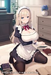 1girl apron arm_under_breasts black_dress black_thighhighs blonde_hair blue_eyes blue_flower book book_stack bow bowtie braid breasts cleavage copyright_notice dress flower frilled_apron frills ichinose_ayano indoors juliet_sleeves kuroe_(sugarberry) large_breasts light_blush long_hair long_sleeves looking_at_viewer maid maid_apron maid_headdress no_shoes open_book original puffy_sleeves red_bow red_bowtie seiza sitting solo thighhighs vase white_apron