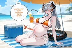1girl ai_assisted ai_generated arknights bangs beach_towel beach_umbrella cooler dragon_horns dragon_tail english_text fatest_squirrel female female_only grey_hair holding_cup juice large_breasts looking_at_viewer open_mouth orange_bikini orange_eyes ponytail pregnant saria_(arknights) sitting straight_hair