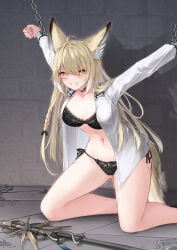 1girl ahoge animal_ear_fluff animal_ears arknights black_bra black_panties blonde_hair bra braid breasts commentary_request cuffs facial_scar fox_ears fox_girl fox_tail hair_between_eyes highres indoors kneeling long_hair navel neck_tattoo open_clothes open_shirt paid_reward_available panties restrained scar scar_on_cheek scar_on_face scar_on_leg screaming shackles shirt side-tie_panties single_braid solo stomach tail tattoo teeth underwear vulpisfoglia_(arknights) white_shirt yellow_eyes yeosi