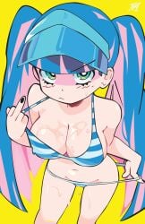 1girl absurdres alternate_hairstyle annoyed aqua_eyes bare_shoulders bikini bikini_pull black_nails blue_bikini blue_hair blunt_bangs blunt_ends blush breasts bright_pupils cleavage closed_mouth clothes_pull colored_inner_hair colorful covered_erect_nipples frown green_eyes groin highres iraimu large_breasts long_hair looking_at_viewer middle_finger multicolored_hair nail_polish navel panty_&_stocking_with_garterbelt pink_hair pulling_own_clothes solo standing stocking_(psg) streaked_hair striped_bikini striped_clothes swimsuit teasing twintails two-tone_hair v-shaped_eyebrows very_long_hair visor_cap wet