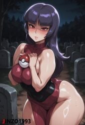 1girl ai_generated artist_name bare_shoulders black_hair blunt_bangs blush breasts dress graveyard holding holding_poke_ball jinzo1993 large_breasts long_hair looking_at_viewer night no_panties outdoors parted_lips patreon_username pelvic_curtain poke_ball pokemon purple_hair red_eyes sabrina_(pokemon) shiny_skin side_slit solo sweat thick_thighs thighs tombstone tree wide_hips