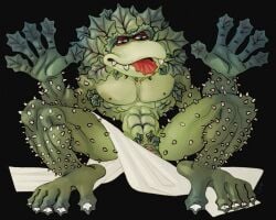 abs absurd_res big_feet crotch_covered crouching feet foilage grotbags hi_res humanoid leaf male muscular muscular_male narrowed_eyes nettle nipples norman_nettle not_furry pecs peeking_penis plant puppet raised_hands ravuer red_eyelids red_nipples red_tongue silly_pose simple_background small_nipples small_waist solo spikes spiky_body tongue tongue_out towel