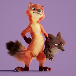 1:1 3d animal_genitalia anthro balls brown_fur canid canine disney duke_weaselton duo fox fur hi_res male male/male male_only mammal mustela mustelid musteline nick_wilde nude restrained scimunk scowl simple_background smile spreading suspension zootopia