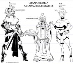 1boy 2girls bald bare_shoulders bikini_armor book bursting_breasts character_sheet cleavage collar curvy elf english english_text eyepatch female full_cleavage hand_on_hip height_difference highleg_panties hourglass_figure huge_breasts larger_female line_art lineup male manaworld model_sheet monochrome old_man open_book pirate pointy_ears pose rickard_grey robe shackles signature skimpy skull smaller_male syx thigh_boots thong unconvincing_armor url veronika_red wizard