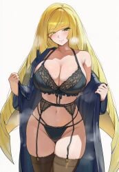 ai_generated big_breasts blonde_hair circle_ueponzu green_eyes lingerie long_hair looking_at_viewer lusamine_(pokemon) pokemon underwear