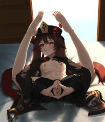 ass asshole butthole dipadri_03 fanart feet genshin_impact half-dressed hand_heart hu_tao_(genshin_impact) pretzel_position ripped_clothing ripped_pants small_breasts smile smiley_face smiling sole_female