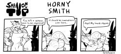 2boys adventurer_(small_on_top) anthro ass back_view blush butt clothing comic dialogue gay male male/male male_only muscular muscular_male partially_clothed rabbit spedumon squeezing_butt teasing text