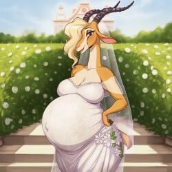 ai_generated blonde_hair blonde_hair_female bride bride_veil disney furry gazelle gazelle_(zootopia) lazybonesai looking_at_viewer pregnant pregnant_anthro pregnant_belly pregnant_female wedding wedding_dress zootopia