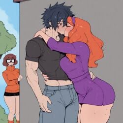 1boy 2girls ai_generated crossover daphne_blake fairy_tail gray_fullbuster lewd naughty scooby-doo sensual sexy velma_dinkley