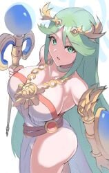 1girl absurdres belt breasts brown_belt chain collarbone commentary_request cowboy_shot fiin36772 gold_chain green_eyes green_hair highres holding holding_staff kid_icarus kid_icarus_uprising large_breasts nintendo palutena parted_lips shield simple_background solo staff white_background