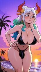 1futa 1girl 2026 2d absurd_res absurd_resolution absurdres ai_generated beach bikini black_bikini blush breasts bulge cleavage closed_mouth cloud collarbone covered_penis earrings erection erection_under_clothes futanari green_hair hair_ornament hair_stick hand_on_own_hip hi_res high_quality high_resolution highres hoop_earrings horns image jewelry large_breasts leaning_forward long_hair looking_to_the_side mayrainart multicolored_hair multicolored_horns navel ocean one_piece orange_eyes outdoors palm_tree patreon penis ponytail purple_sky red_horns sky solo sunset swimsuit tree uncensured water white_hair yamato_(one_piece)