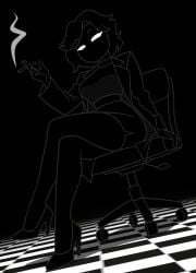 2d_(artwork) aura big_breasts black_and_white chalkboard cigarette emotionless emotionless_female female female_only glasses goth goth_girl human interloper_(series) mynokis5 no_genitals_shown pussy solo solo_female