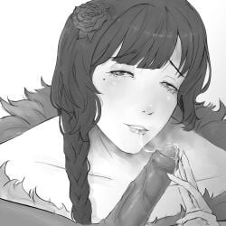 black_and_white braid breath cock cum dark_hair elsa elsa_granhilte female fingers flower fur_coat mouth_closed seductive touching_penis veiny_penis