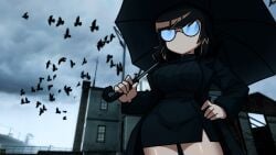 2d_(artwork) big_breasts brown_hair chalkboard clothed emotionless emotionless_female female female_only glasses goth goth_girl human interloper_(series) mynokis5 no_genitals_shown pussy skyghost_(interloper) solo solo_female umbrella