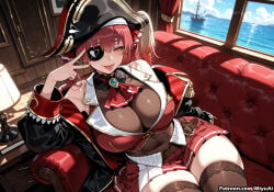 1girl ai_assisted ai_generated ascot bangs bare_shoulders belt black_headwear blush bodystocking bodysuit breasts brooch buttons cleavage coat couch covered_navel curvaceous curvy curvy_female curvy_figure day eyepatch female hat heart hololive houshou_marine indoors jacket jewelry long_hair looking_at_viewer miniskirt miyuai pirate_hat pleated_skirt red_eyes red_hair red_skirt sitting skirt smile solo thick thick_ass thick_butt thick_hips thick_legs thick_thighs thighhighs tongue tongue_out twintails virtual_youtuber voluptuous voluptuous_female wide_hips wide_thighs window