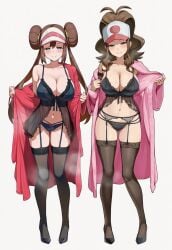 2girls ai_generated big_breasts brown_hair circle_ueponzu hilda_(pokemon) lingerie pokemon rosa_(pokemon) underwear