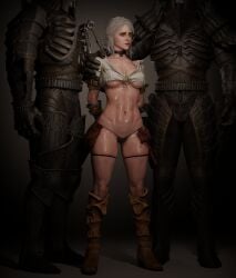 1girls 2boys 3d armored_male breasts cd_projekt_red choker ciri female fishnet_legwear fishnets freckles freckles_on_face gloves green_eyes high_heel_boots light-skinned_female light_skin looking_at_viewer mascara scar soboro stockings sword the_witcher_(series) the_witcher_3:_wild_hunt thong wet_body white_hair wild_hunt witcher_medallion