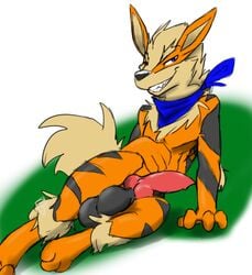 1boy animal_genitalia animal_penis anthro anthrofied arcanine ass big_ass big_ears big_penis big_testicles black_fur blue_eyes blue_scarf canine canine_penis erection feet furry grass grin half-closed_eyes hi_res huge_testicles knot large_penis lying male male_only mammal nintendo notactuallyhere nude on_side orange_fur original_character outdoors paws penis pokemon pokemon_(species) pokemon_rgby presenting presenting_penis sketch smile solo teeth testicles thick_thighs video_games white_background white_fur wide_hips