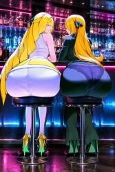 2girls ai_generated ass big_ass blonde_hair circle_ueponzu cynthia_(pokemon) high_heels huge_ass long_hair looking_at_viewer looking_back lusamine_(pokemon) multiple_girls pants pokemon sitting underwear very_long_hair