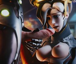 1boy 1girls 3d big_breasts big_penis blonde_hair breasts clothed cyborg functionally_nude genji hand_on_head imminent_oral mercy overwatch penis wunder