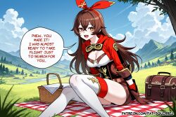 1girl ai_assisted ai_generated amber_(genshin_impact) brown_eyes camping cleavage cooking_pot english_text fatest_squirrel genshin_impact gloves log long_sleeves looking_at_viewer medium_breasts open_mouth picnic_basket picnic_blanket shorts sitting thighhighs