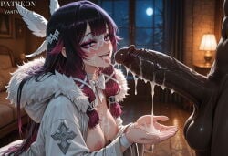 1boy 1girl after_fellatio ai_generated artist_name bangs bed bedroom black_hair blush bow bowtie breasts clothing coat colored_skin columbina_(genshin_impact) cum cum_in_mouth cum_on_body cum_on_breasts cum_on_hands cum_on_penis cum_on_tongue cum_string cumdrip cupping_hands dark-skinned_male dark_skin erection eye_mask facial female fur-trimmed_coat fur-trimmed_hood fur-trimmed_jacket fur_trim genshin_impact gradient_hair hair_ornament head_wings heart-shaped_pupils hetero hood hood_down hooded_coat huge_penis indoors interracial jacket lamp large_breasts large_penis long_hair long_sleeves looking_at_viewer male medium_breasts moon multicolored_hair night night_sky nipples open_clothes open_mouth own_hands_together penis pink_eyes pink_hair red_hair semen smile solo_focus streaked_hair symbol-shaped_pupils testicles tongue tongue_out two-tone_hair vantawaifu veins veiny_penis very_dark_skin white_bow white_bowtie white_coat white_jacket white_mask wings