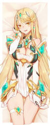 1girls bangs blonde_hair blush breasts cleavage cleavage_cutout covered_navel earrings elbow_gloves female gem gloves headpiece heiyz jewelry large_breasts leotard long_hair looking_at_viewer lying mythra_(xenoblade) nintendo on_back open_mouth shoulder_armor solo swept_bangs thigh_strap tiara white_gloves xenoblade_(series) xenoblade_chronicles_2 yellow_eyes