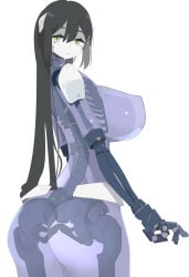 ass black_hair breasts commentary_request green_eyes grey_background highres huge_breasts long_hair mechanical_arms nanatsuki_sousuke original robot_girl see-through_body skeleton very_long_hair