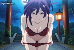 1girl ai_generated anime anime_coloring anime_style artist_name bow bow_bra bra breasts cleavage collarbone hair_between_eyes hair_ornament hairclip hentai hi_res jigokuraku lace-trimmed_bra leaning_forward looking_at_viewer medium_breasts moon mystic_maidens navel night outdoors panties panty_pull patreon ponytail pulled_by_self purple_hair pussy red_bra red_eyes red_panties smile solo thigh_gap tree underwear underwear_only undressing yuzuriha_(jigokuraku)