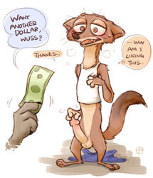 4pcsset anthro balls blush bodily_fluids bottomless bottomwear clothed clothing disney duke_weaselton english_text erection genitals male male_only mammal masturbation mustela mustelid musteline pants penile penile_masturbation penis prostitution shirt sweat tank_top text topwear zootopia