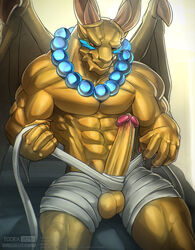 2019 abs anthro balls beads biceps big_penis bodily_fluids breath_of_fire capcom dragon erection garr_(breath_of_fire) genital_fluids hi_res humanoid_penis male male_only pecs penis precum solo todex video_games wings