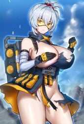 1girls ai_generated brutoaimage convenient_censoring covering_breasts gloves goggles huge_breasts large_breasts outdoors soldier_11 solo torn_clothes white_hair zenless_zone_zero